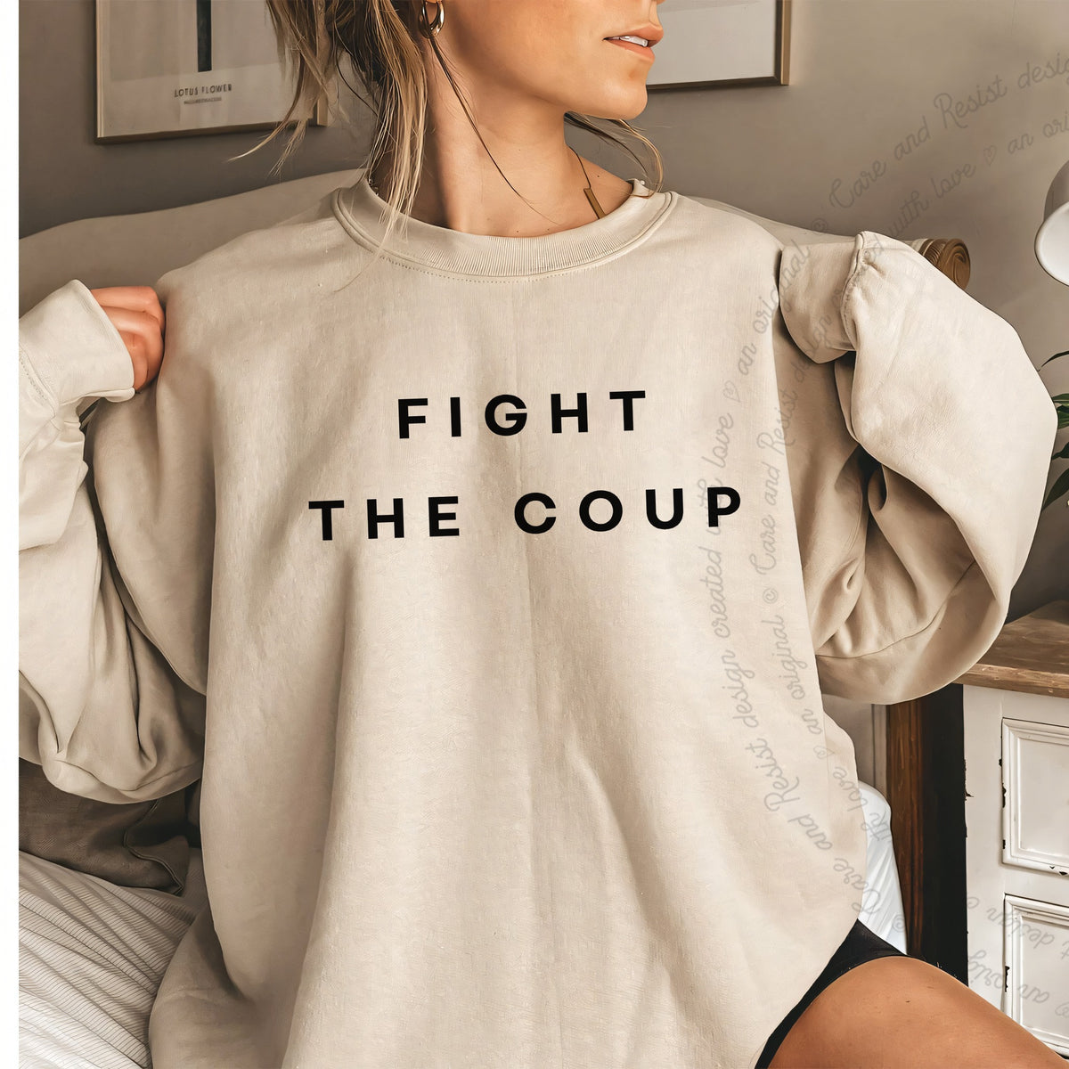 Fight the Coup Care & Resist Gildan crewneck sweatshirt in Sand