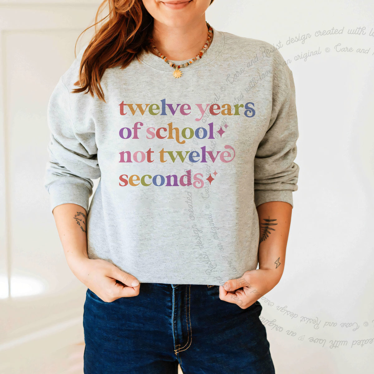 Twelve Years of School not Twelve Seconds Care & Resist Gildan crewneck sweatshirt in Sport Grey