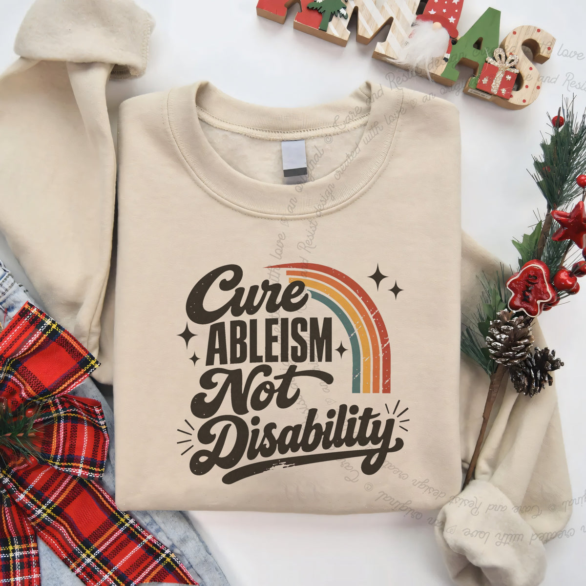 Cure Ableism not Disability Badge Care & Resist Gildan crewneck sweatshirt in Sand