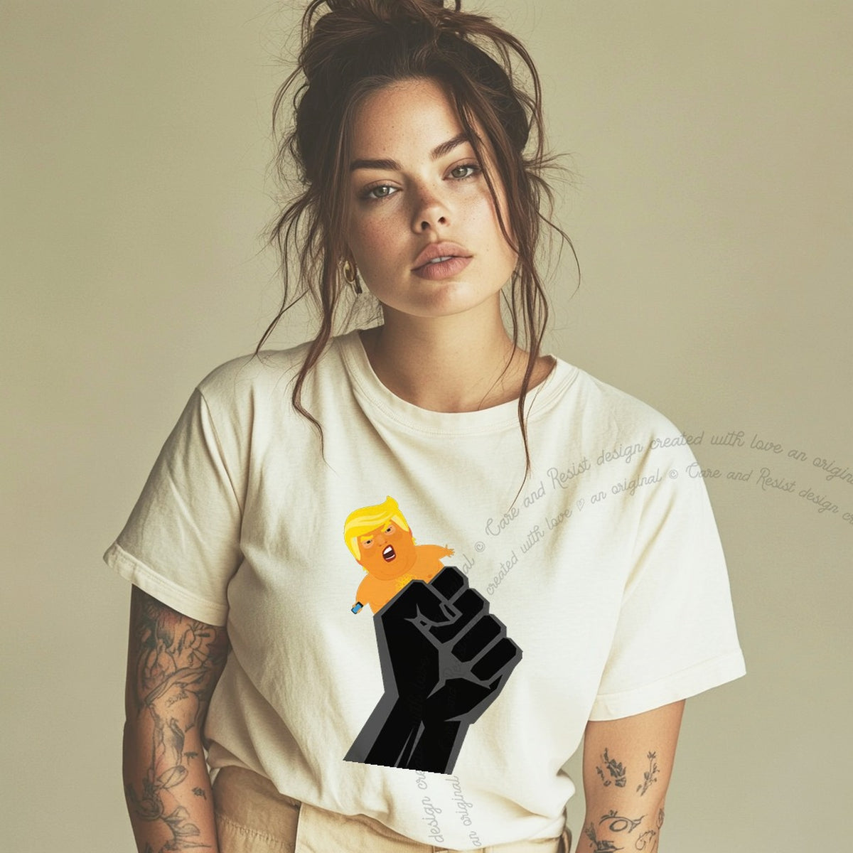 Resist Fist and Trump Blimp Care & Resist progressive t-shirt in Ivory