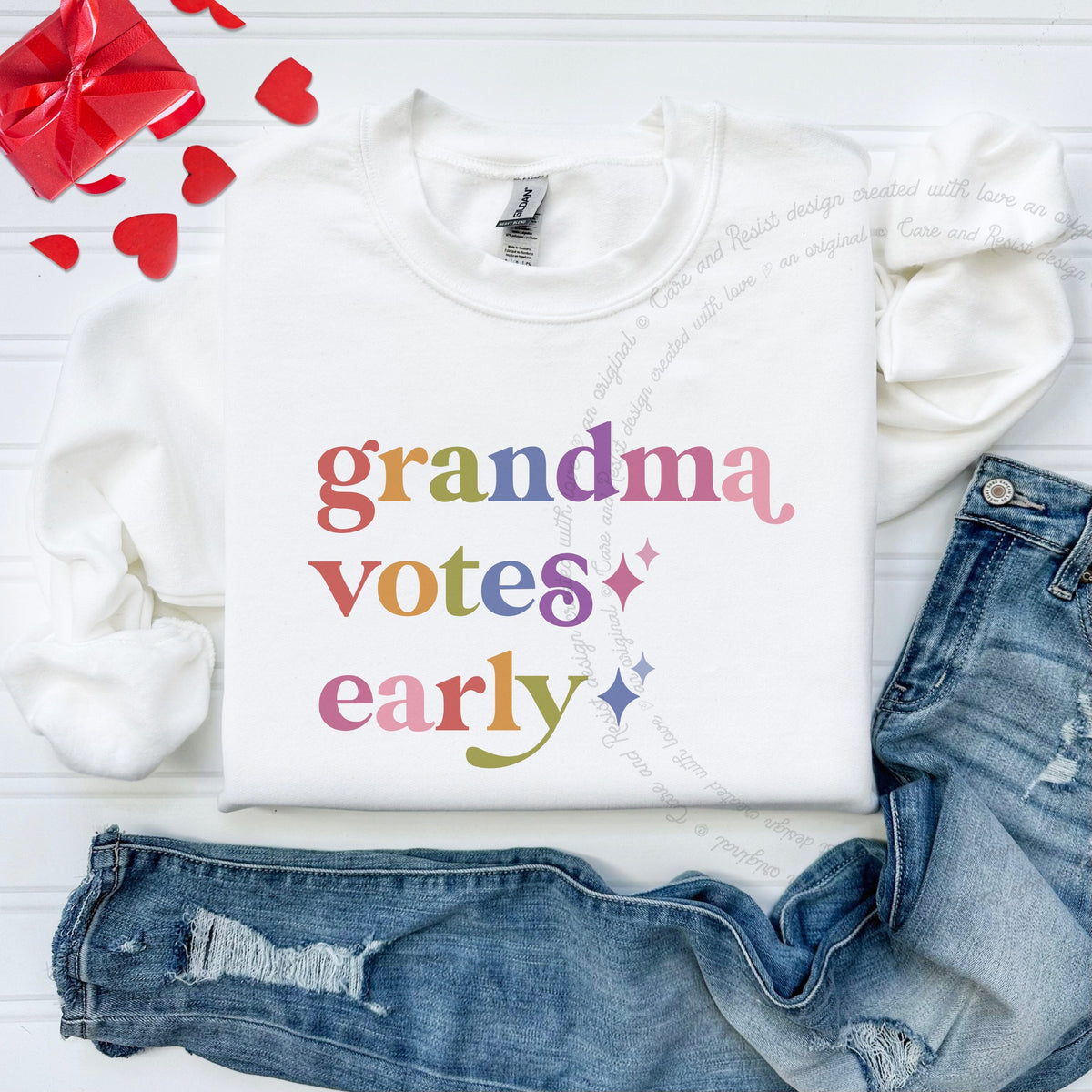 Grandma Votes Early Care & Resist Gildan crewneck sweatshirt in White