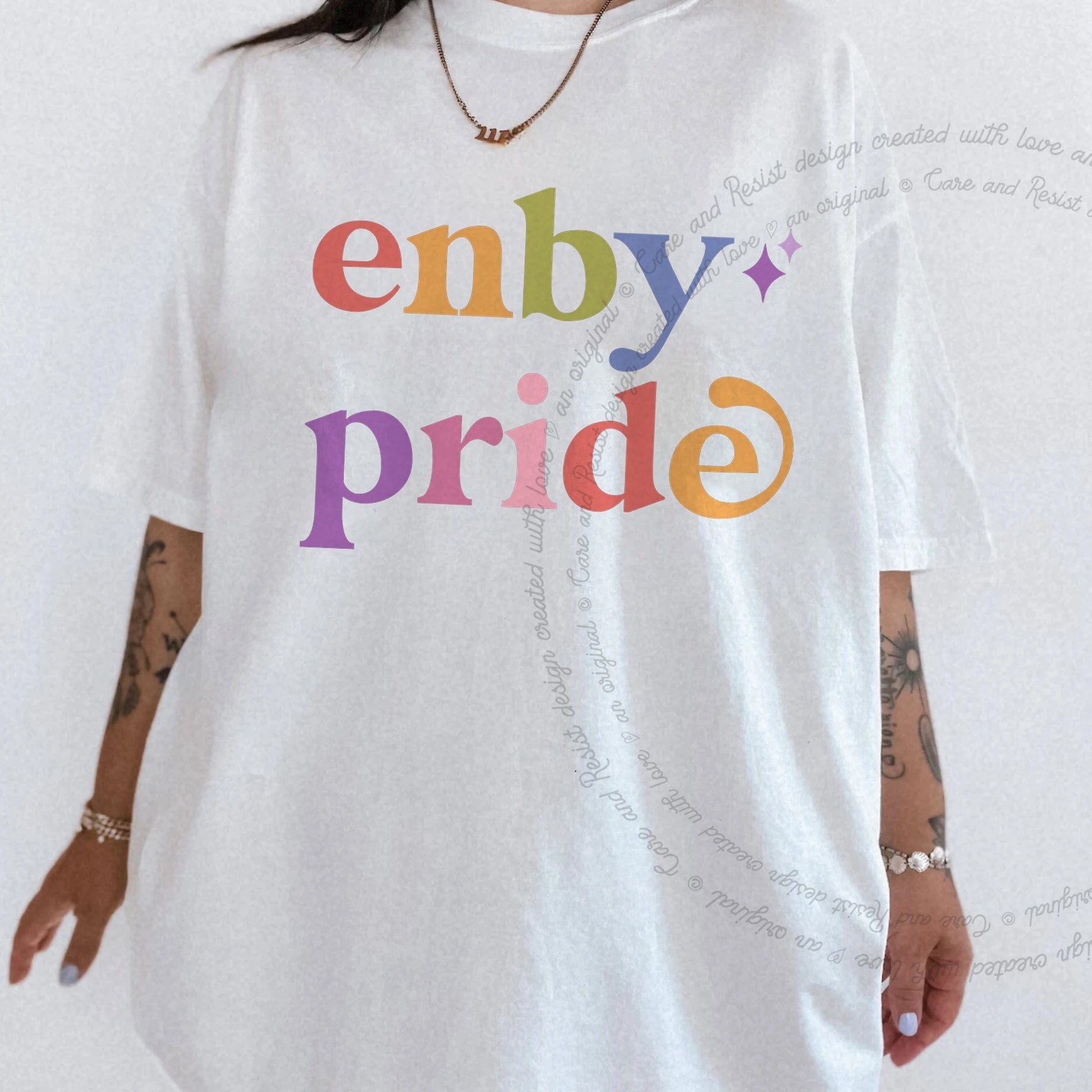 Enby Pride Care & Resist rainbow Comfort Colors tee, White