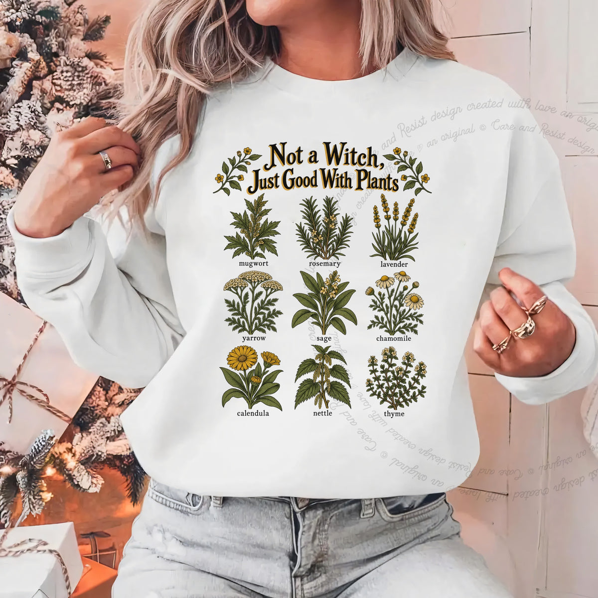 Not a Witch Just Good With Plants Care & Resist Gildan crewneck sweatshirt in White