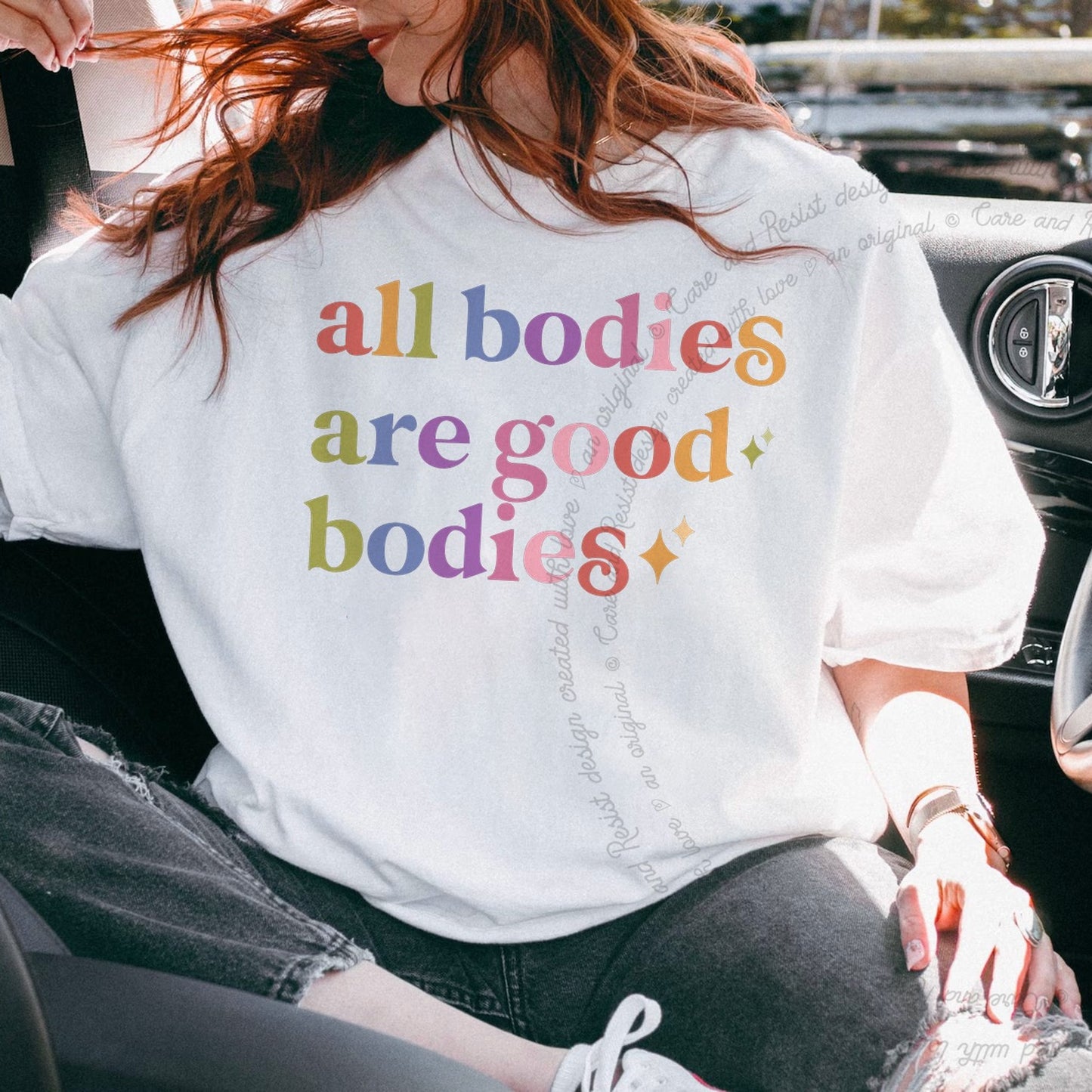 All Bodies are Good Bodies Care & Resist rainbow Comfort Colors tee, White