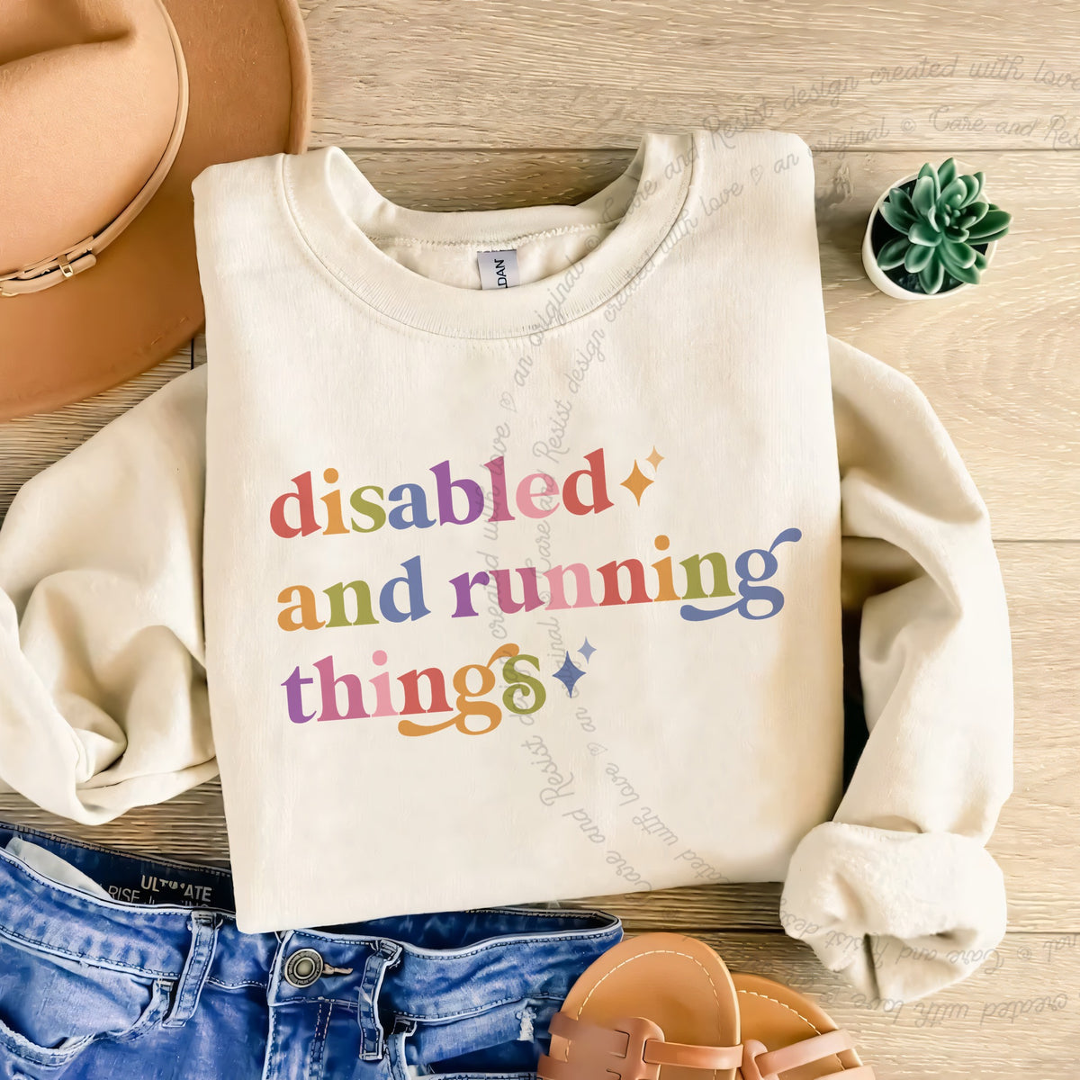 Disabled and Running Things Care & Resist Gildan crewneck sweatshirt in Sand