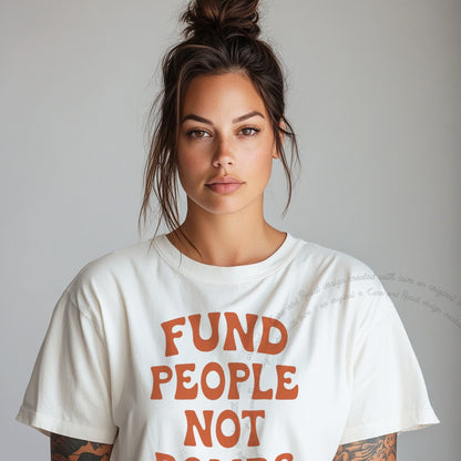Fund People not Bombs Stacked Care & Resist progressive t-shirt in White