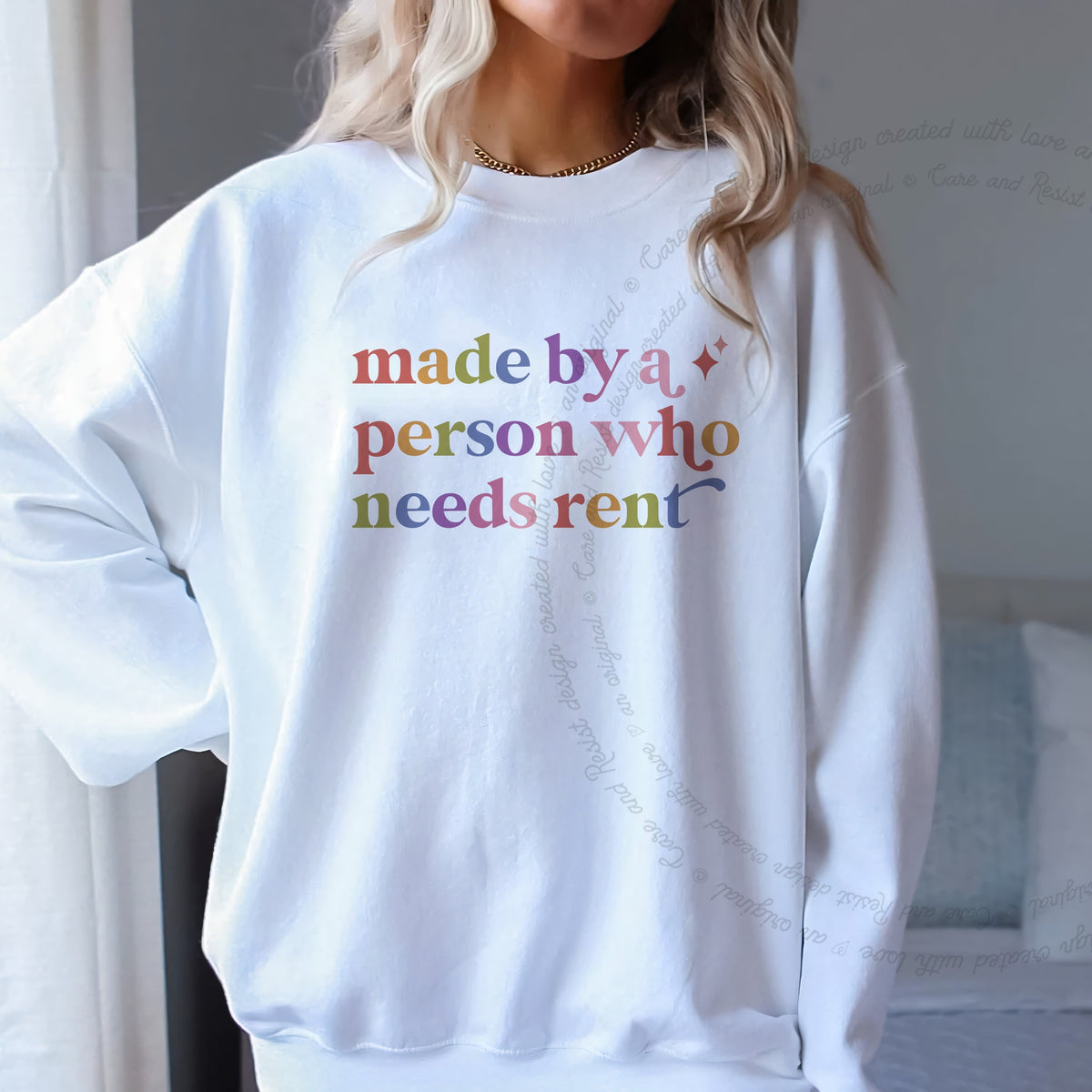 Made By a Person Who Needs Rent Care & Resist Gildan crewneck sweatshirt in White