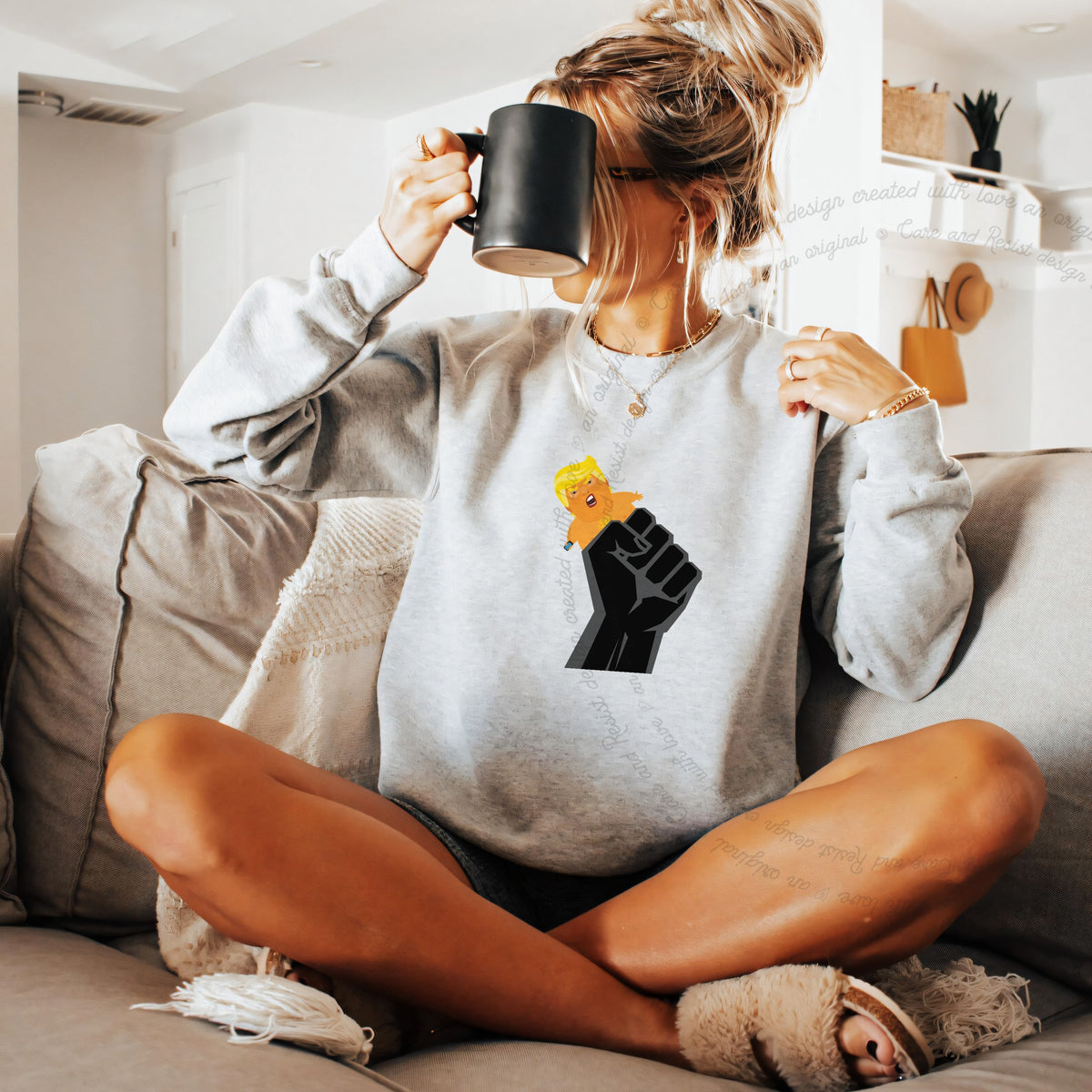 Resist Fist and Trump Blimp Care & Resist Gildan crewneck sweatshirt in Sport Grey