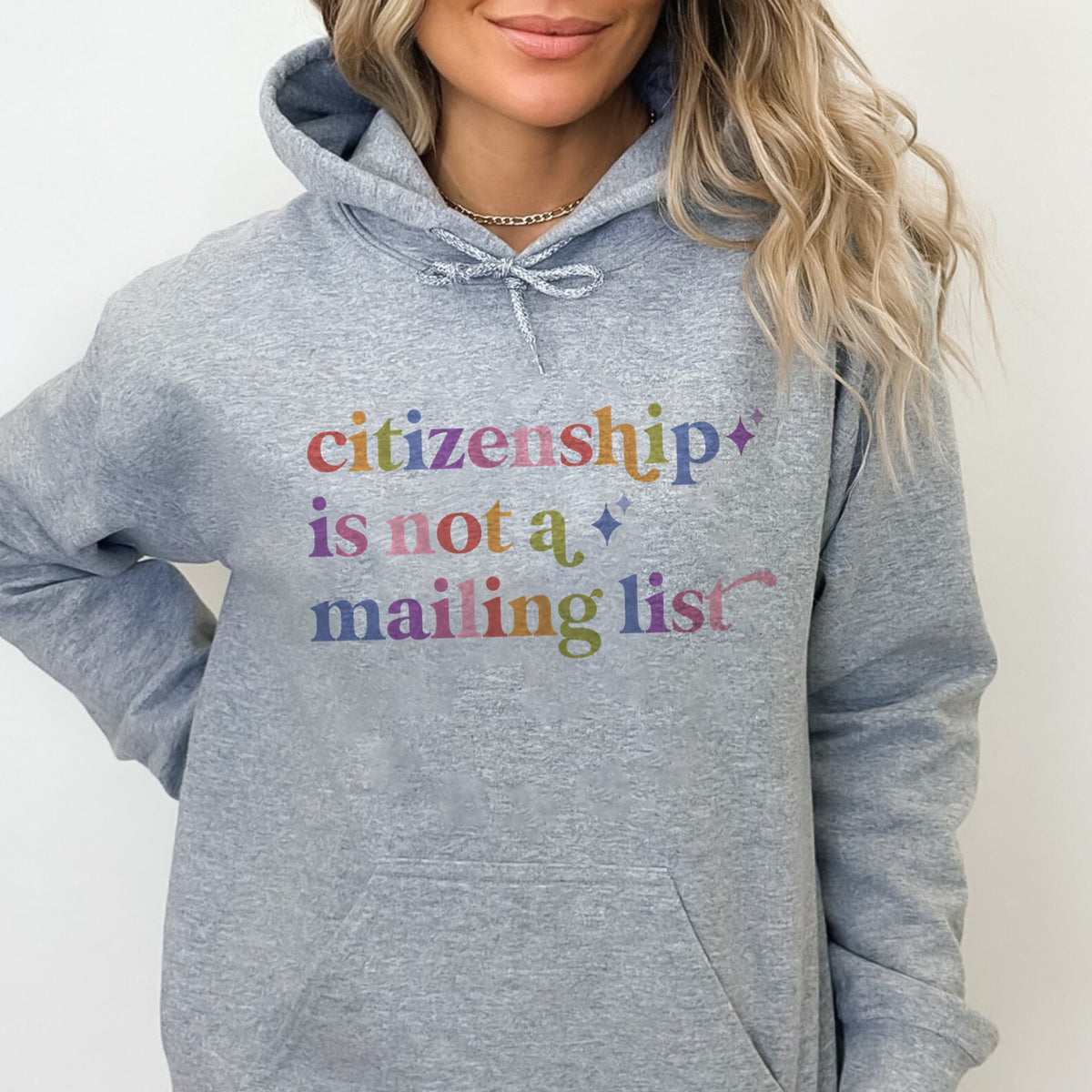 Citizenship is not a Mailing List Care & Resist Gildan hoodie in Sport Grey