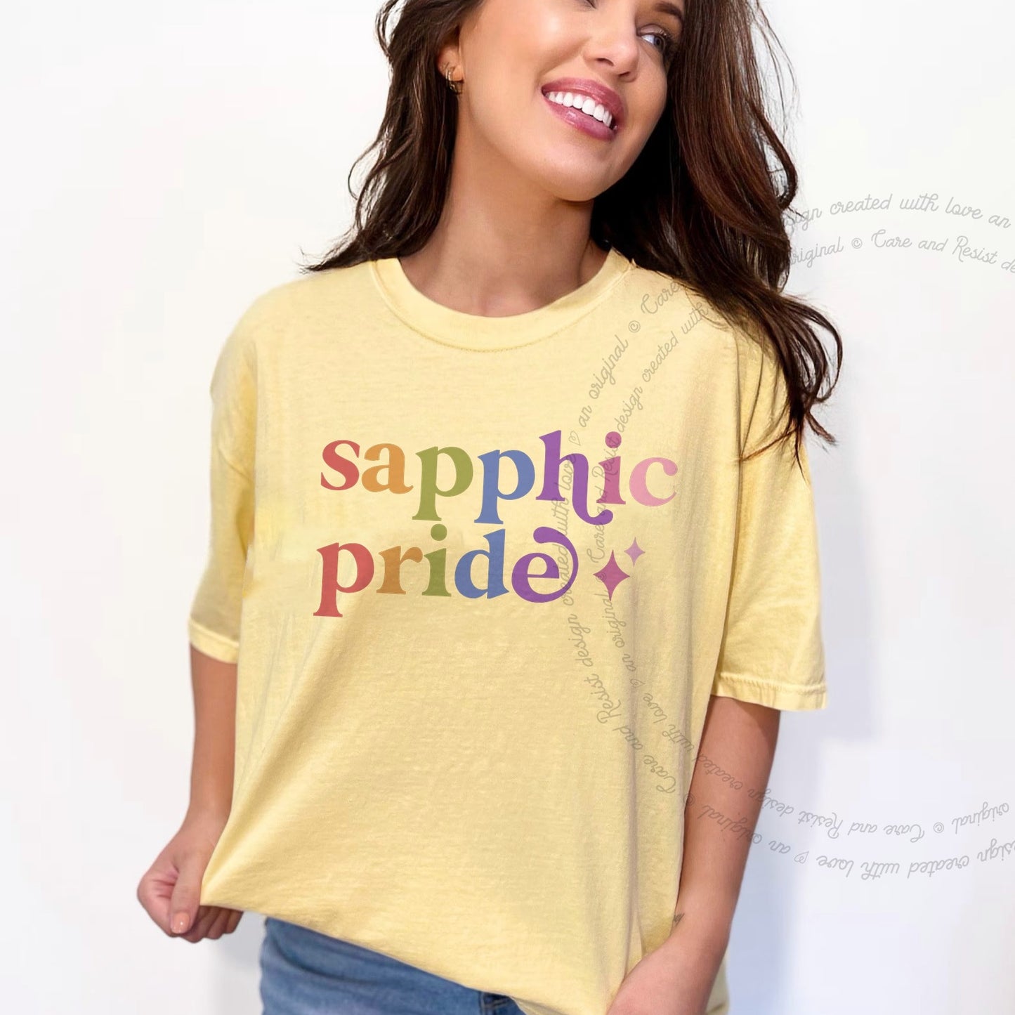 Sapphic Pride Care & Resist rainbow Comfort Colors tee, Banana