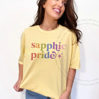 Sapphic Pride Care & Resist rainbow Comfort Colors tee, Banana