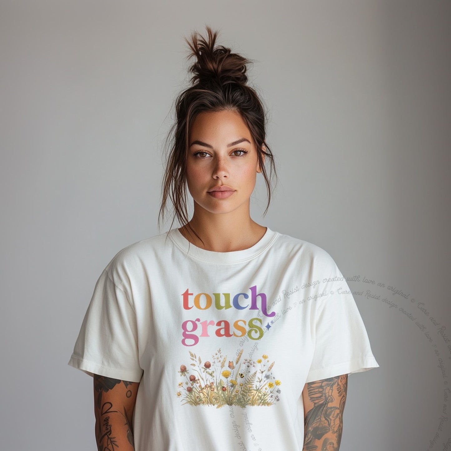 Touch Grass Care & Resist rainbow Comfort Colors tee, Ivory