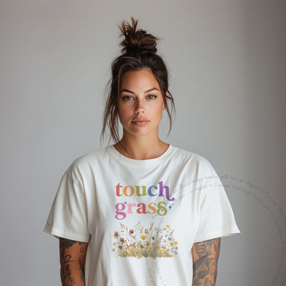 Touch Grass Care & Resist rainbow Comfort Colors tee, Ivory
