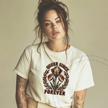 Queer Since Forever Iris Linocut Care & Resist progressive t-shirt in Ivory