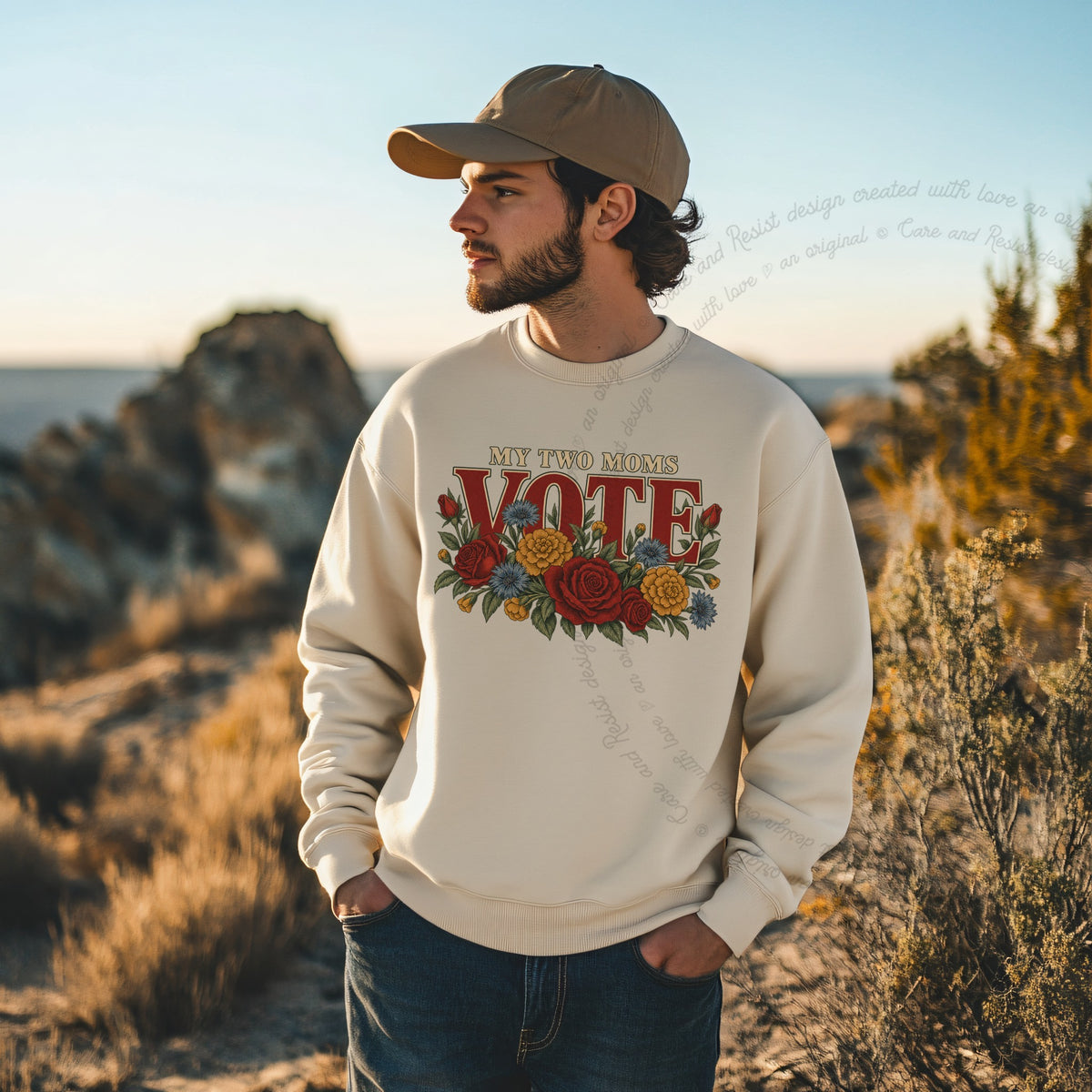 My Two Moms Vote Bouquet Care & Resist Gildan crewneck sweatshirt in Sand