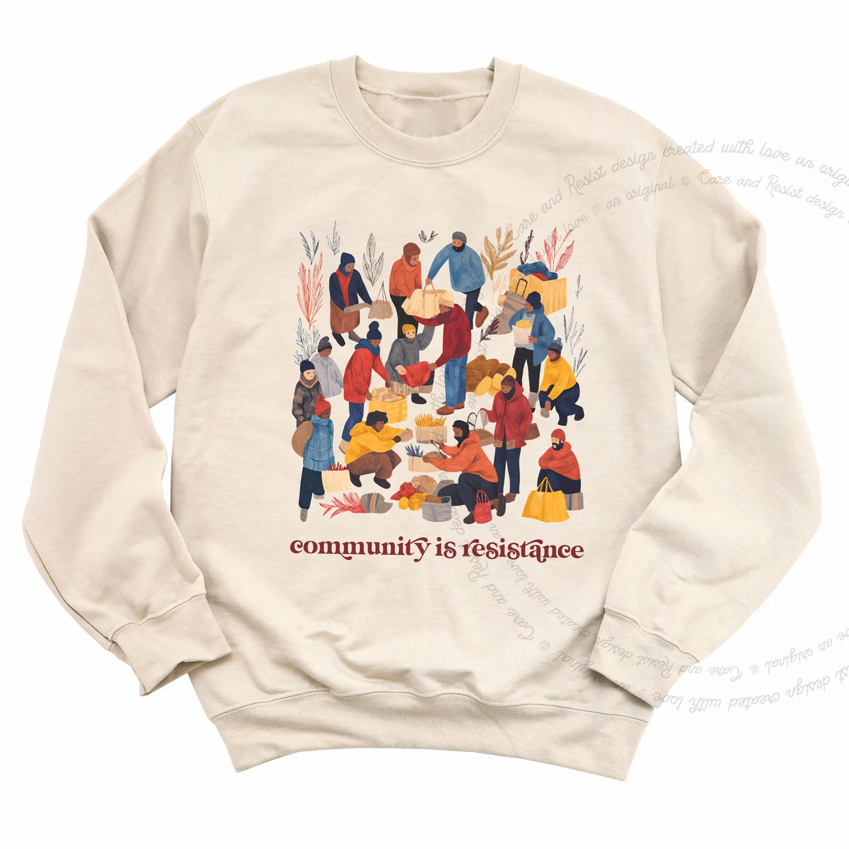 Community is Resistance Retro People Care & Resist Gildan crewneck sweatshirt in Sand