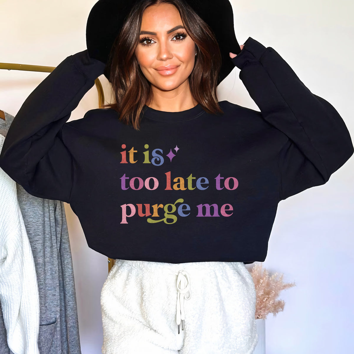 It is Too Late to Purge Me Care & Resist Gildan crewneck sweatshirt in Black