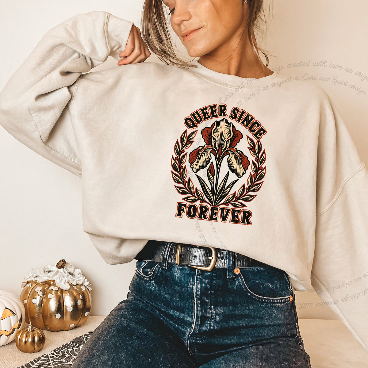 Queer Since Forever Iris Linocut Care & Resist Gildan crewneck sweatshirt in Sand