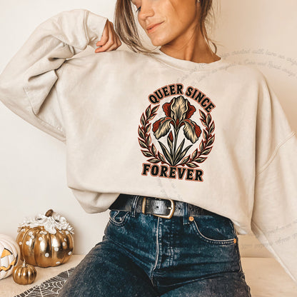 Queer Since Forever Iris Linocut Care & Resist Gildan crewneck sweatshirt in Sand
