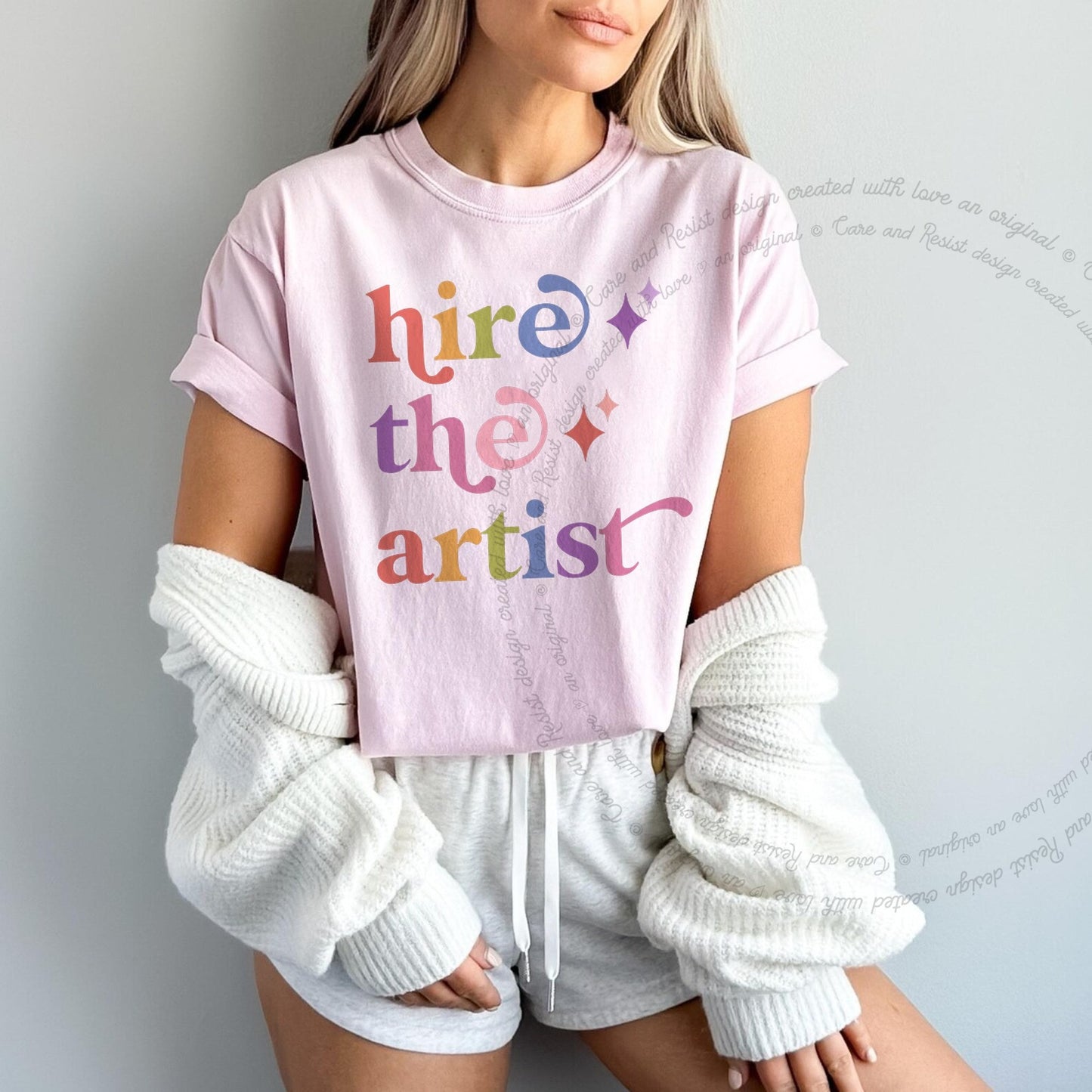 Hire the Artist Care & Resist rainbow Comfort Colors tee, Blossom
