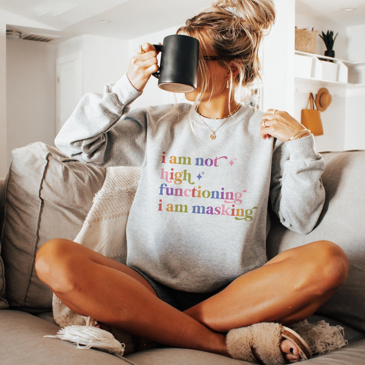 I Am not High Functioning I Am Masking Care & Resist Gildan crewneck sweatshirt in Sport Grey