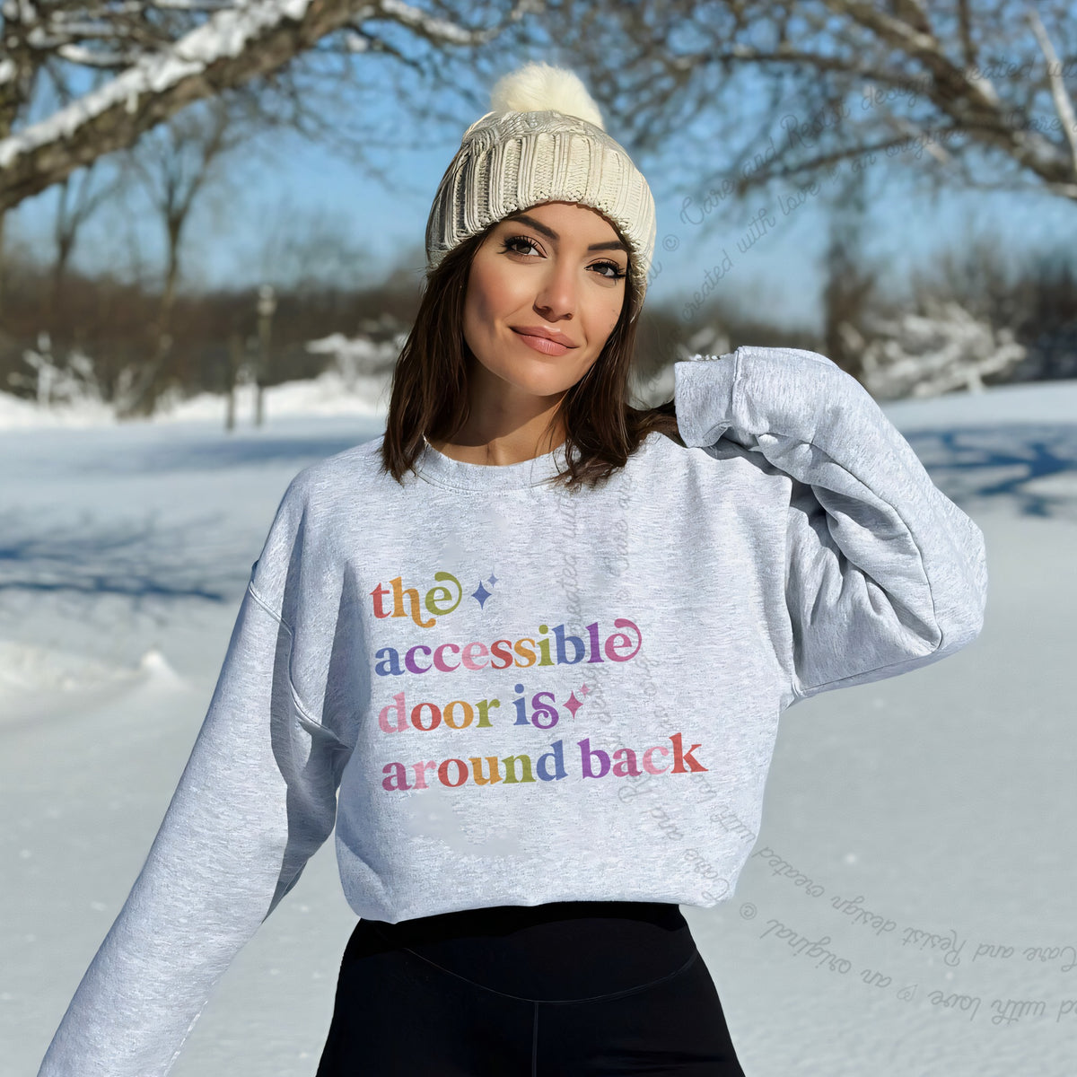 The Accessible Door is Around Back Care & Resist Gildan crewneck sweatshirt in Sport Grey