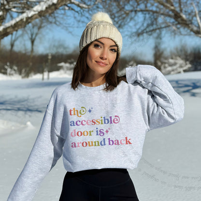 The Accessible Door is Around Back Care & Resist Gildan crewneck sweatshirt in Sport Grey