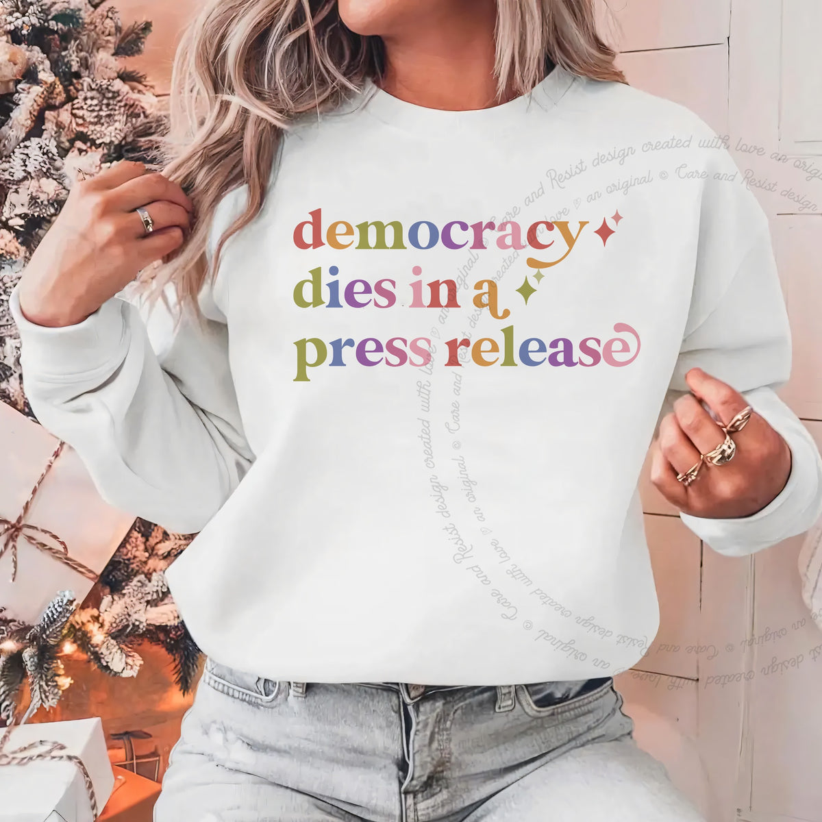 Democracy Dies in a Press Release Care & Resist Gildan crewneck sweatshirt in White