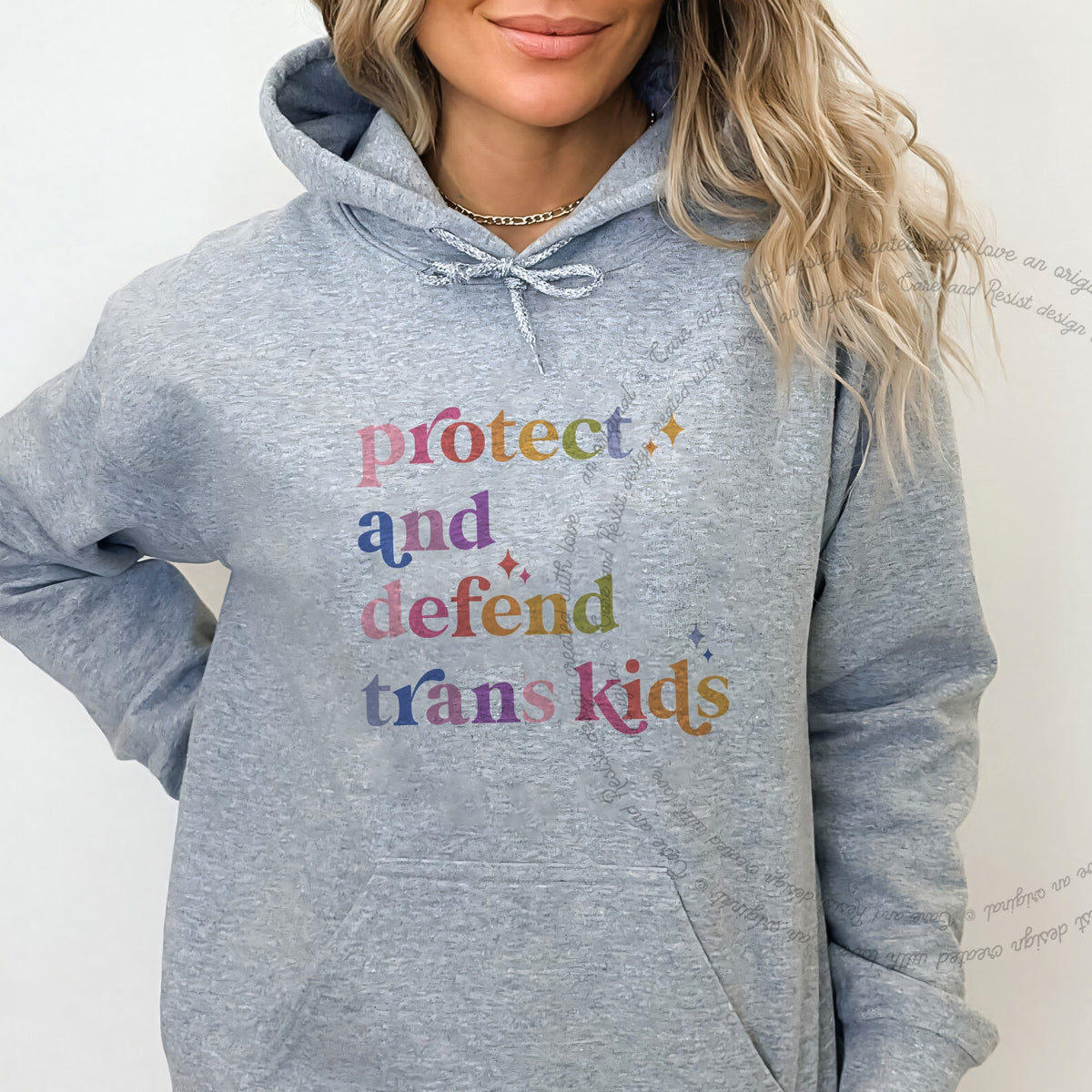 Protect and Defend Trans Kids Care & Resist Gildan hoodie in Sport Grey