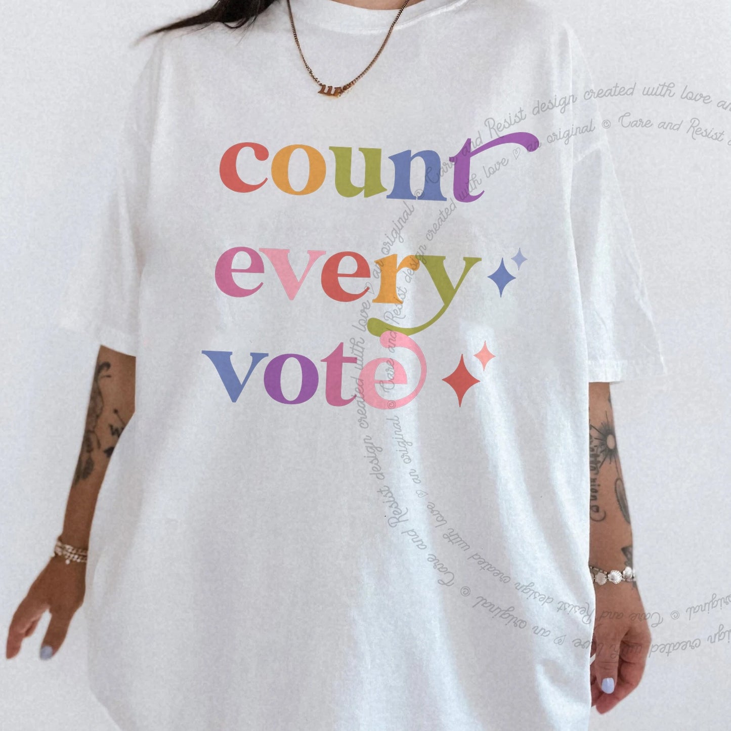 Count Every Vote Care & Resist rainbow Comfort Colors tee, White
