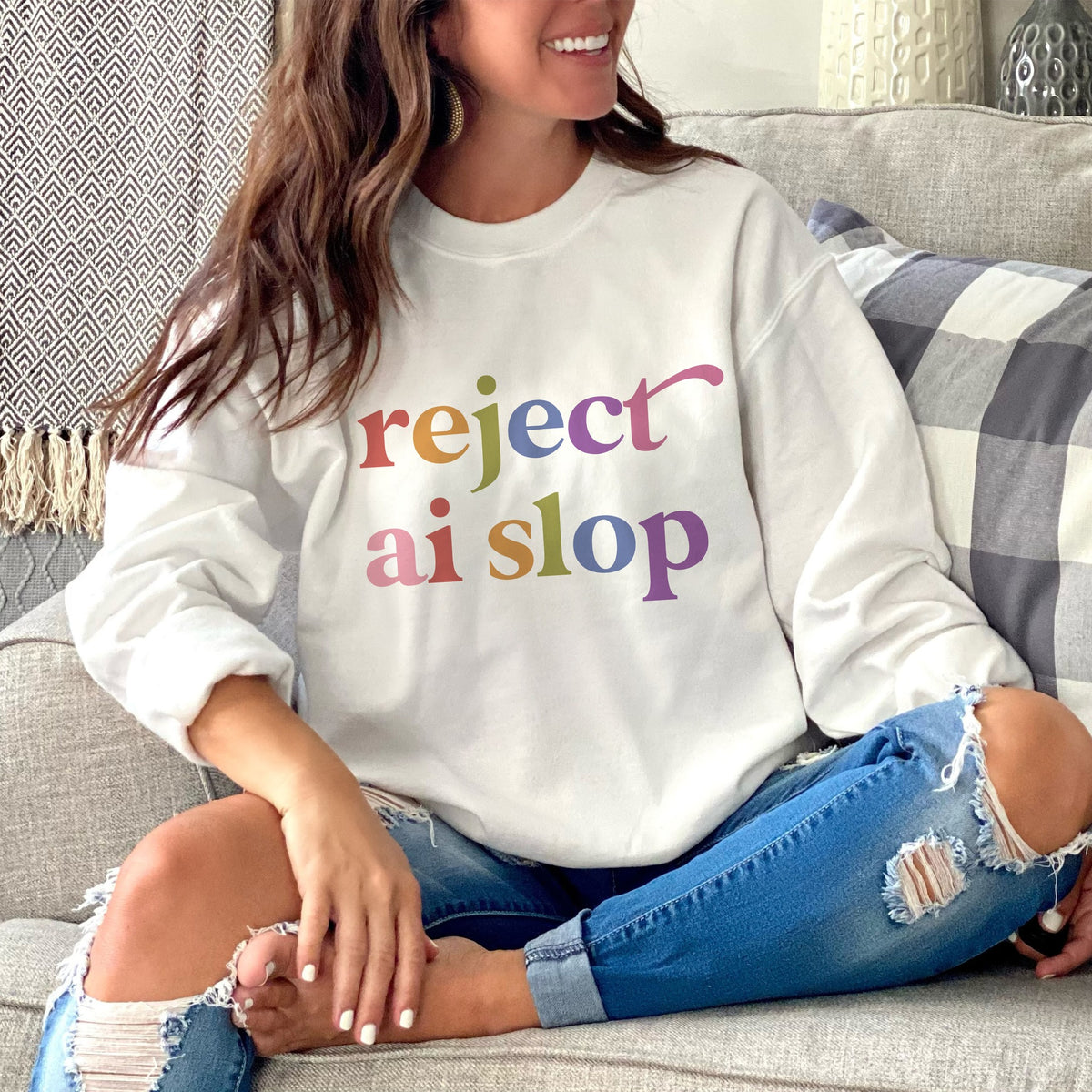 Reject AI Slop Care & Resist Gildan crewneck sweatshirt in White