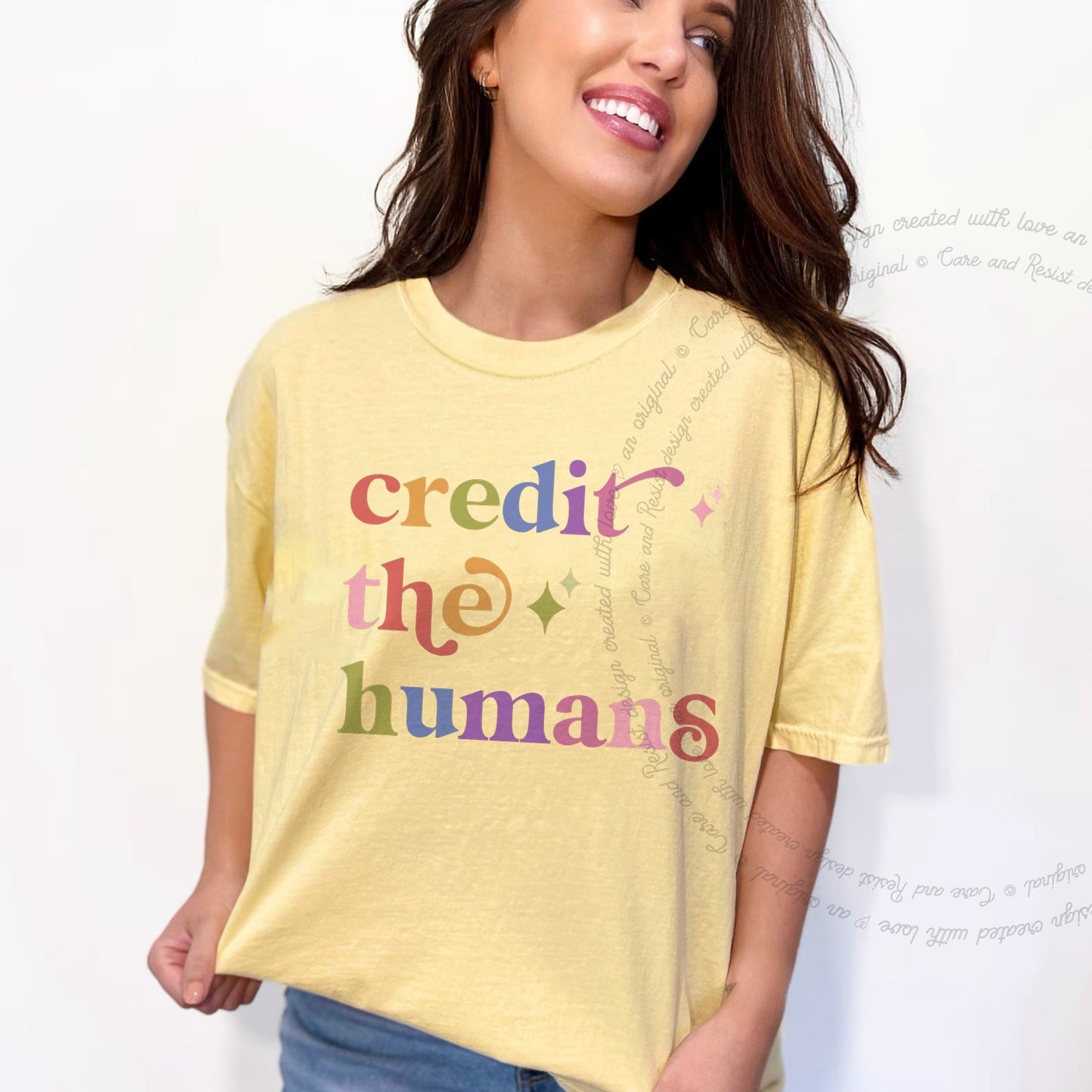 Credit the Humans Care & Resist rainbow Comfort Colors tee, Banana