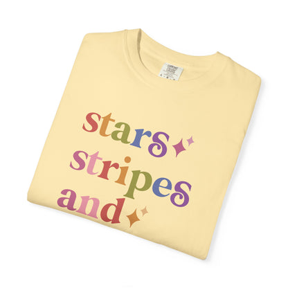 Stars Stripes and Equal Rights Care & Resist rainbow Comfort Colors tee