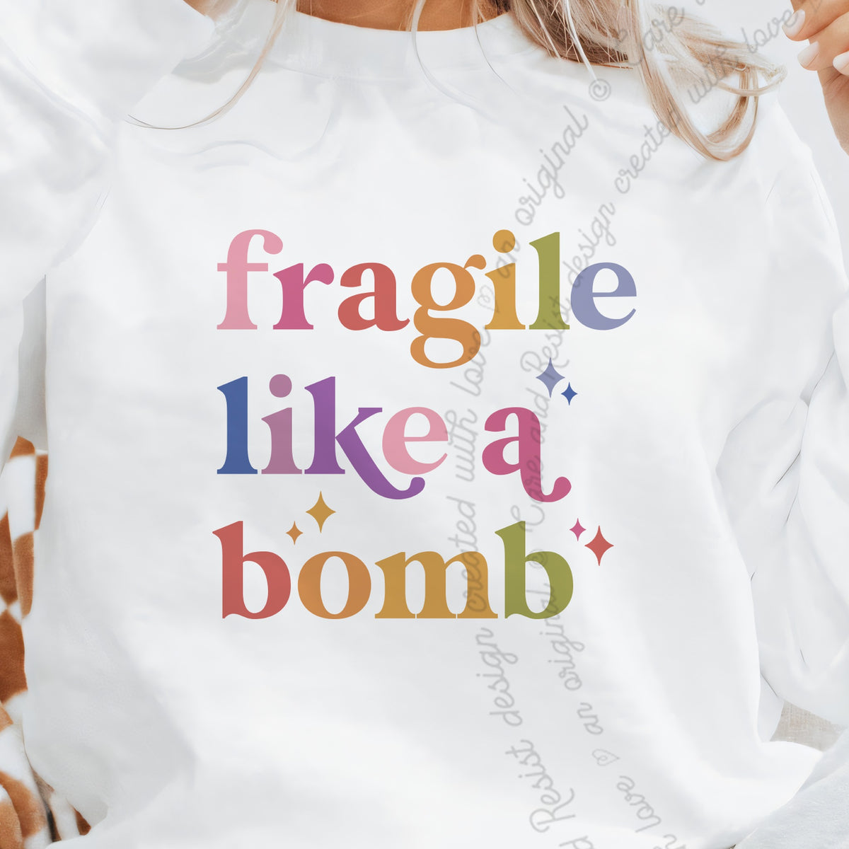 Fragile Like a Bomb Care & Resist Gildan crewneck sweatshirt in White