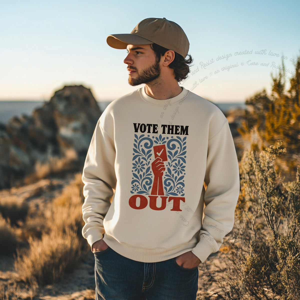 Vote Them Out Folk Ballot Care & Resist Gildan crewneck sweatshirt in Sand