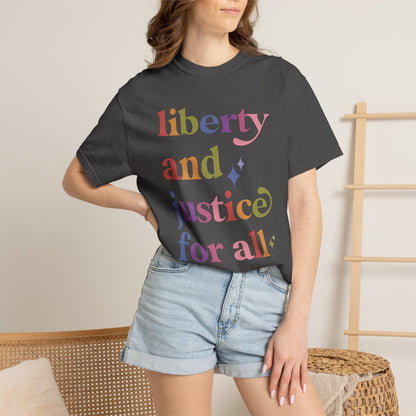 Liberty and Justice for All Care & Resist rainbow Comfort Colors tee