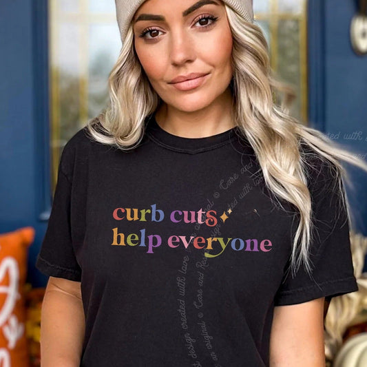 Curb Cuts Help Everyone Care & Resist rainbow Comfort Colors tee, Black
