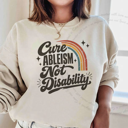 Cure Ableism not Disability Badge Care & Resist Gildan crewneck sweatshirt in Sand