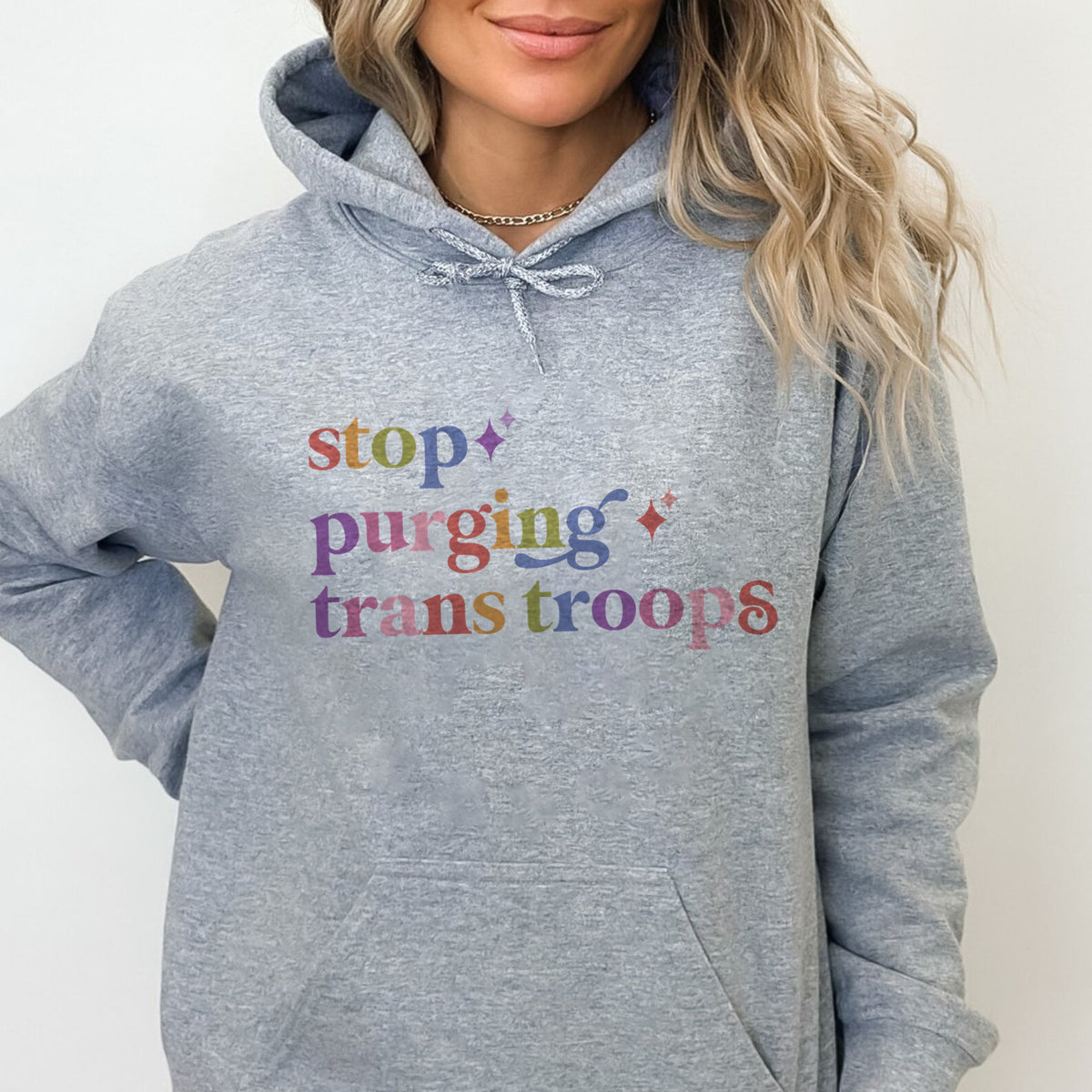 Stop Purging Trans Troops Care & Resist Gildan hoodie in Sport Grey