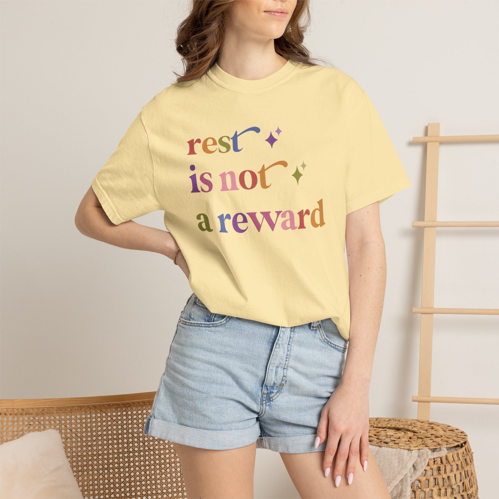 Rest is not a Reward Care & Resist rainbow Comfort Colors tee