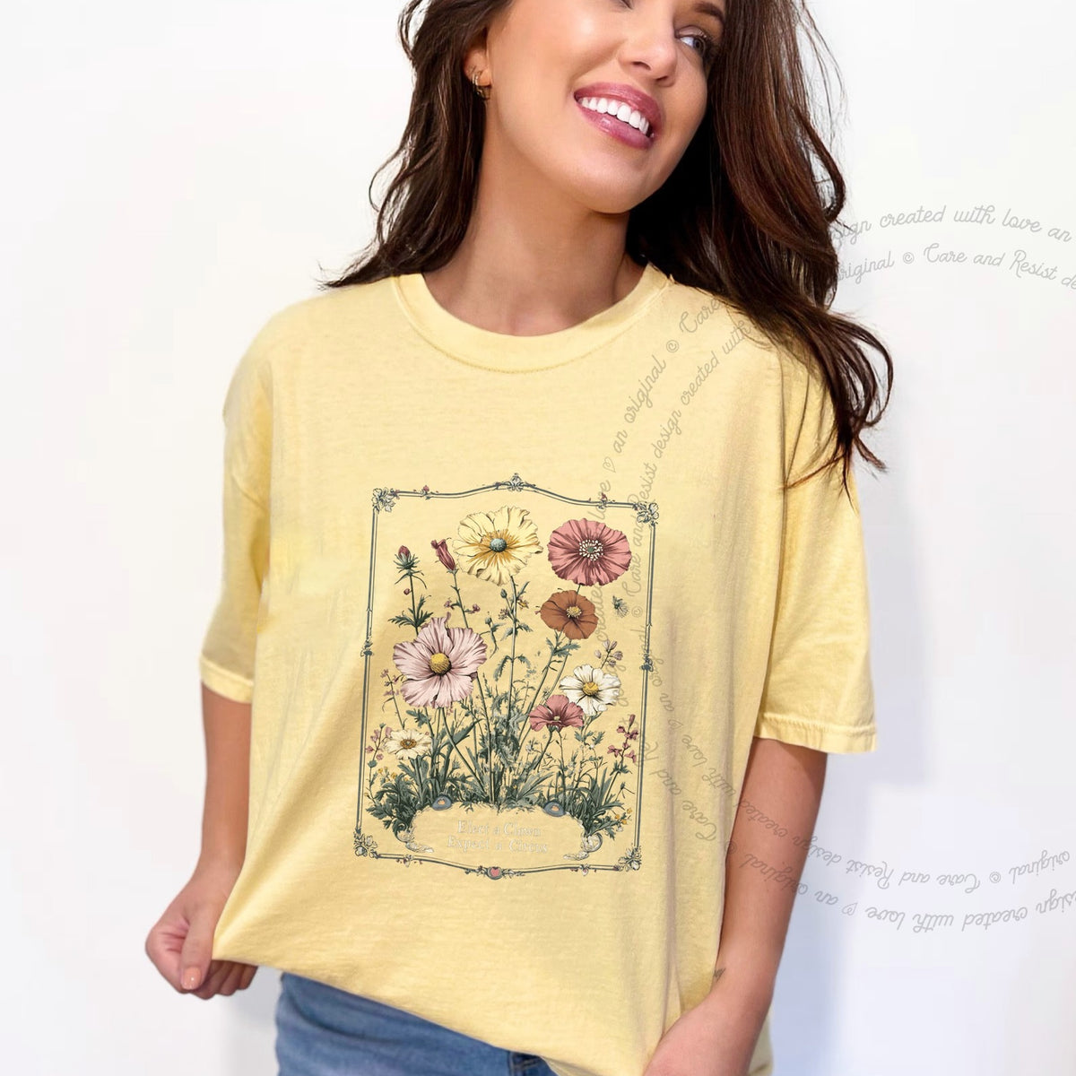 Elect a Clown Expect a Circus Floral Care & Resist progressive t-shirt in Banana