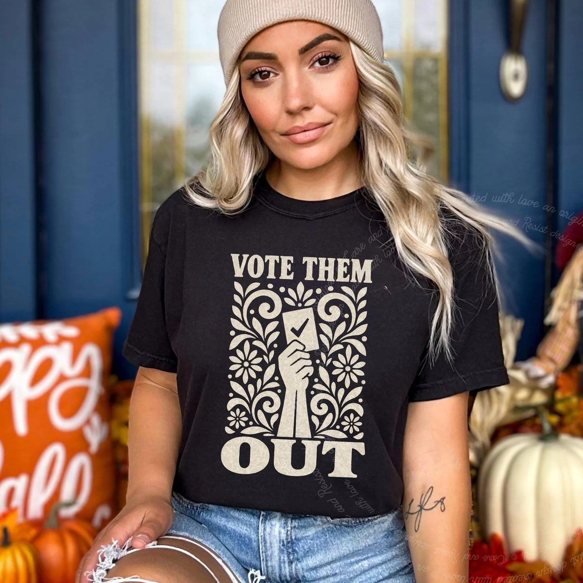 Vote Them Out Ballot Linocut Care & Resist progressive t-shirt in Black