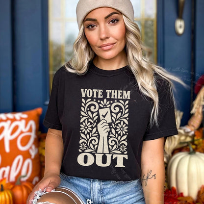 Vote Them Out Ballot Linocut Care & Resist progressive t-shirt in Black
