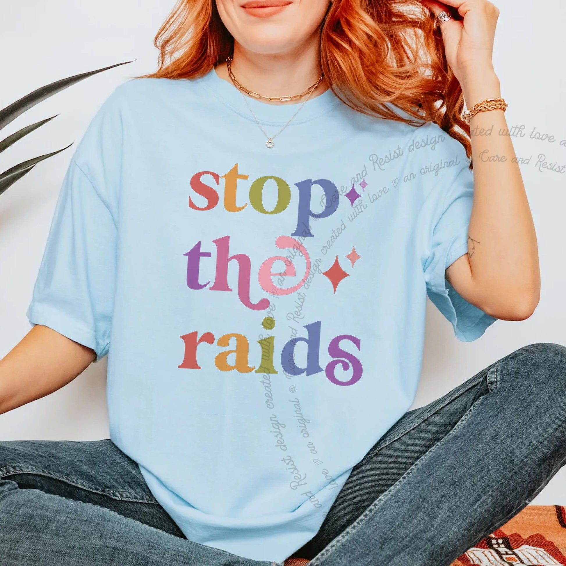 Stop the Raids Care & Resist rainbow Comfort Colors tee, Chambray