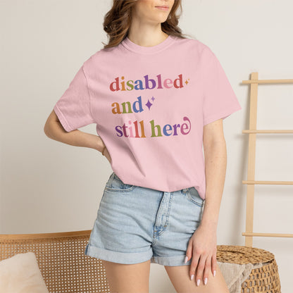 Disabled and Still Here Care & Resist rainbow Comfort Colors tee