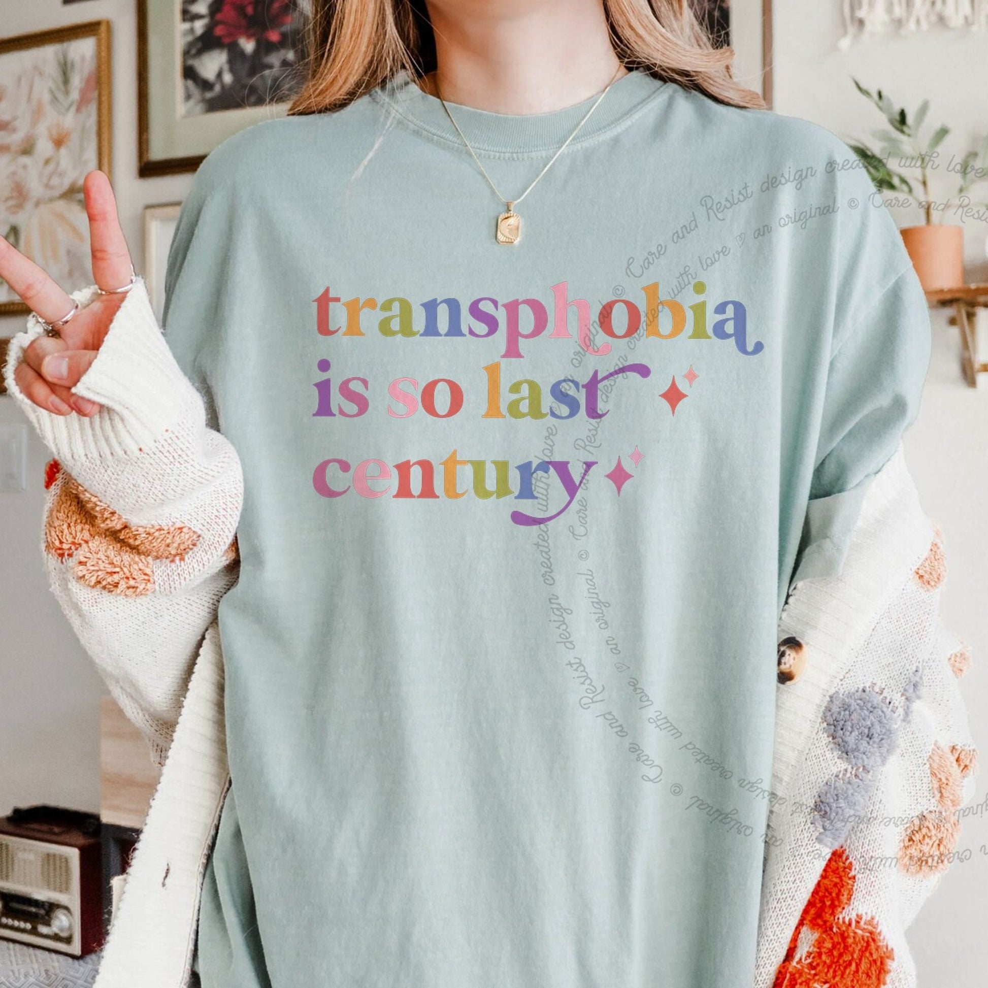 Transphobia is So Last Century Care & Resist rainbow Comfort Colors tee, Bay