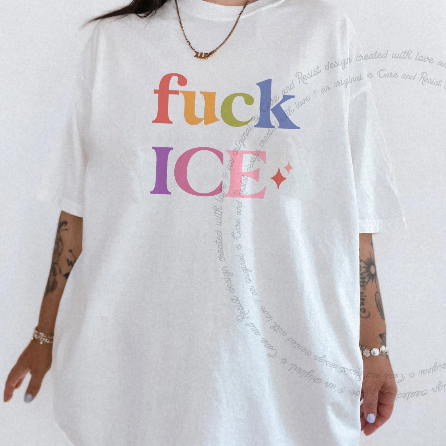 Fuck ICE Care & Resist rainbow Comfort Colors tee, White