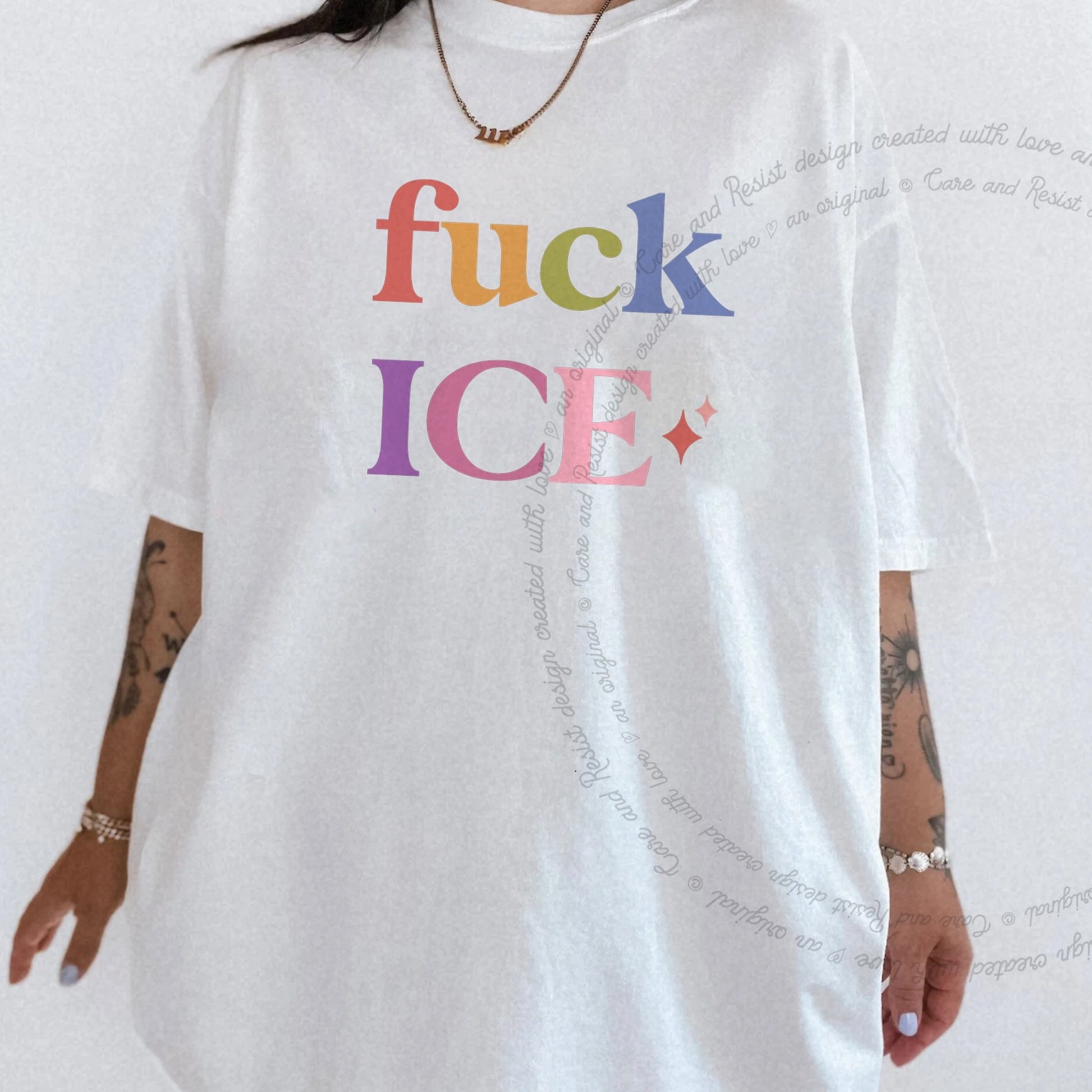 Fuck ICE Care & Resist rainbow Comfort Colors tee, White