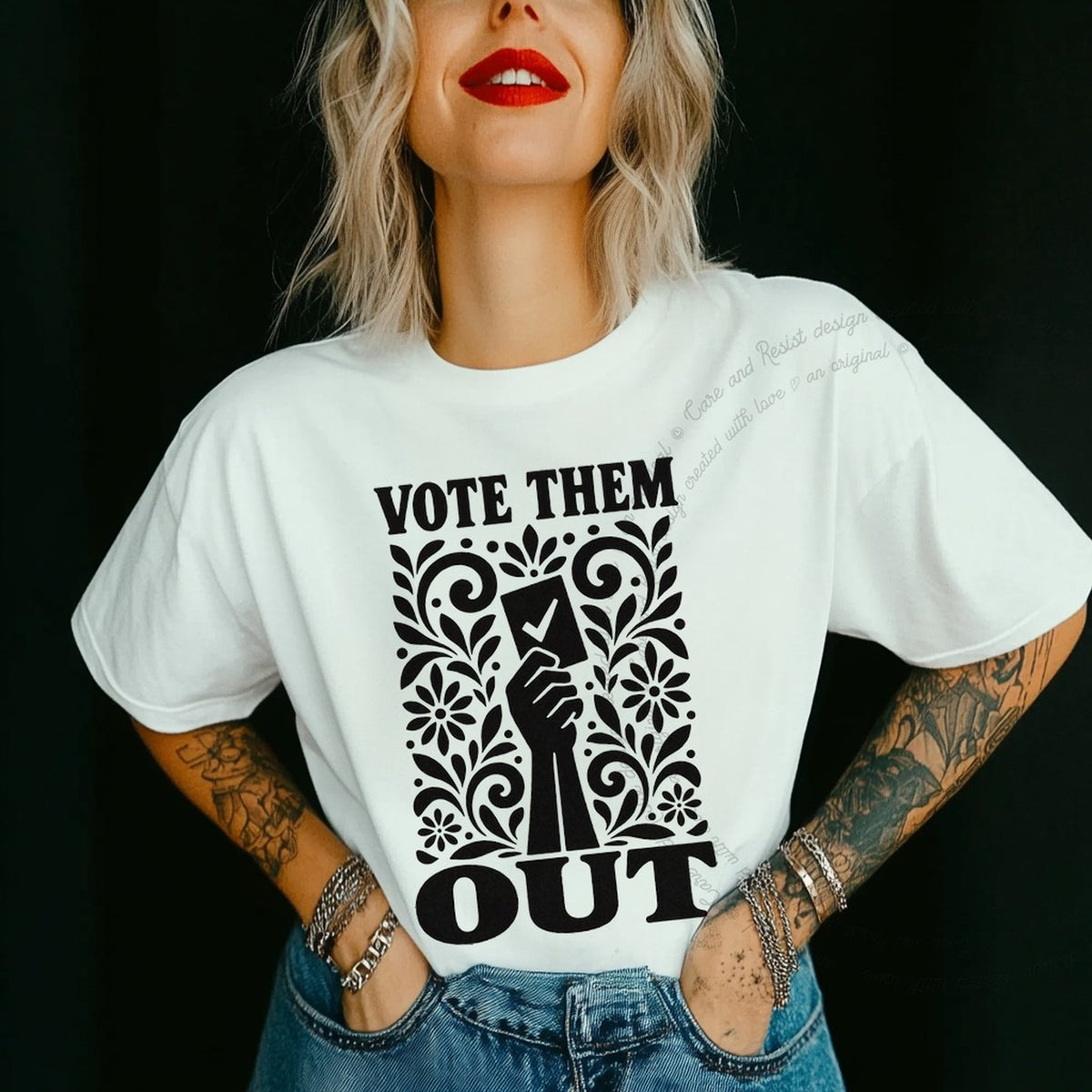 Vote Them Out Ballot Stencil Care & Resist progressive t-shirt in White