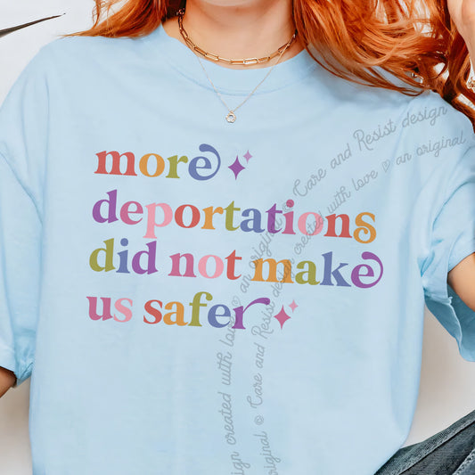 More Deportations Did not Make Us Safer Care & Resist progressive t-shirt in Chambray